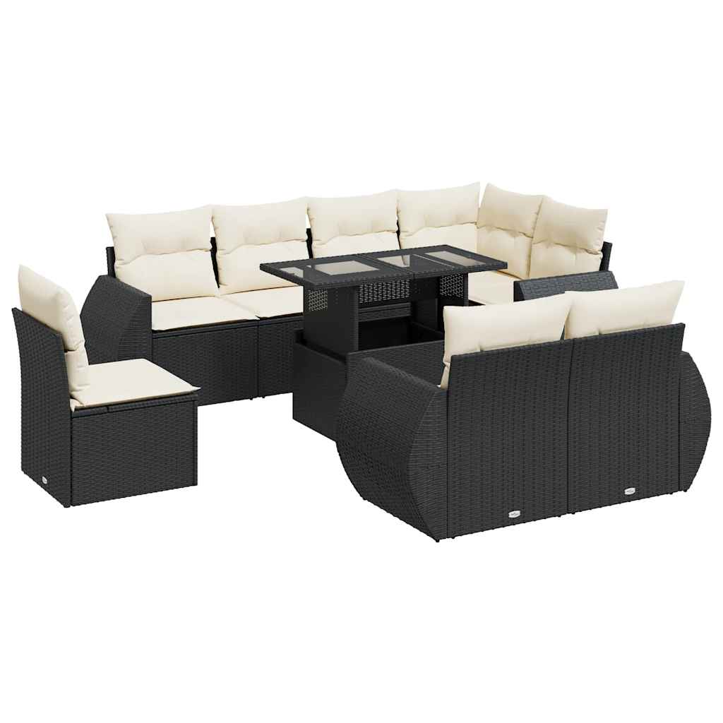 Set mobilier de grădină cu perne, 9 piese, negru, poliratan