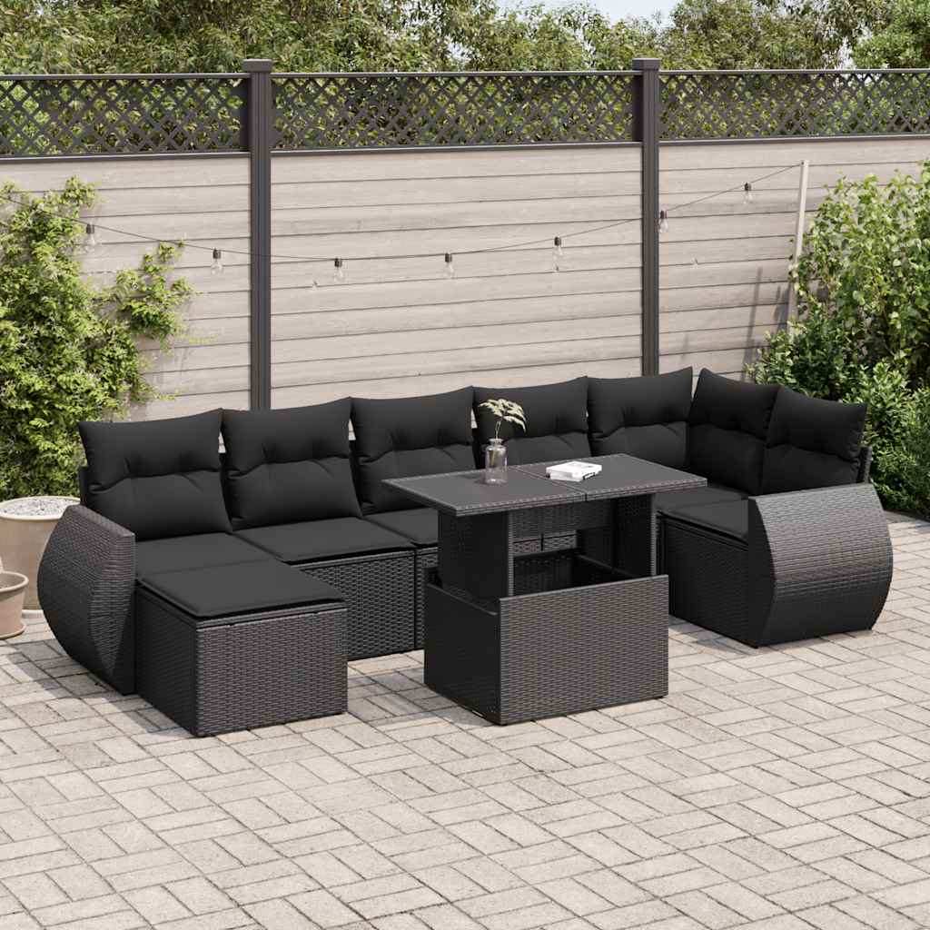 Set mobilier de grădină cu perne, 8 piese, negru, poliratan