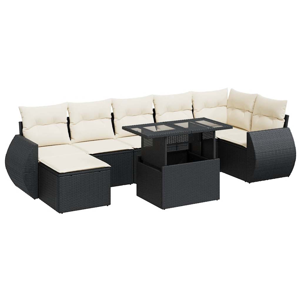 Set mobilier de grădină cu perne, 8 piese, negru, poliratan