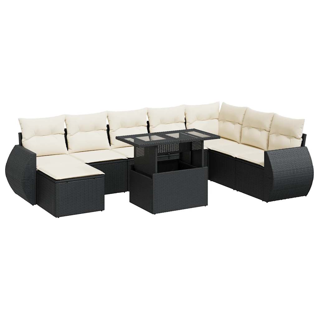 Set mobilier de grădină cu perne, 9 piese, negru, poliratan