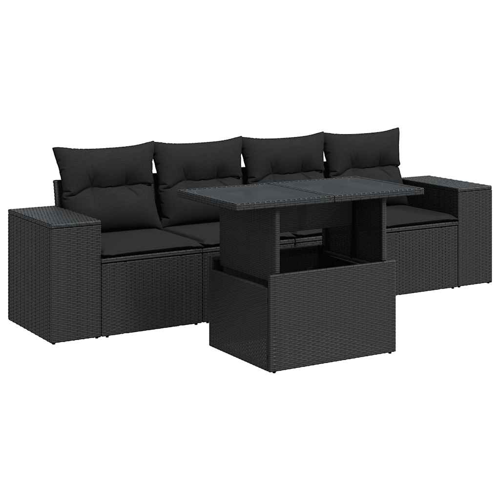 Set mobilier de grădină cu perne, 5 piese, negru, poliratan