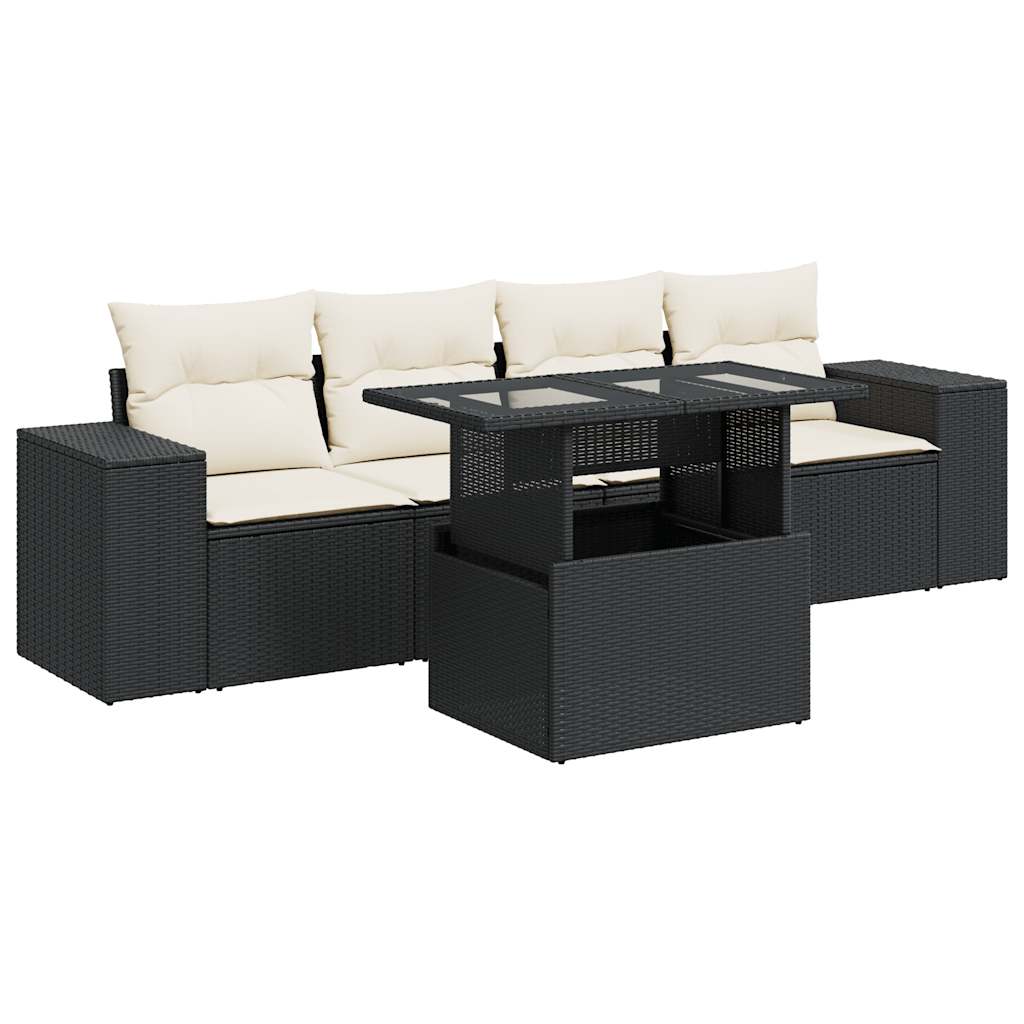 Set mobilier de grădină cu perne, 5 piese, negru, poliratan