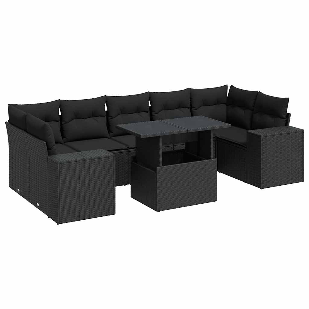 Set mobilier de grădină cu perne, 8 piese, negru, poliratan