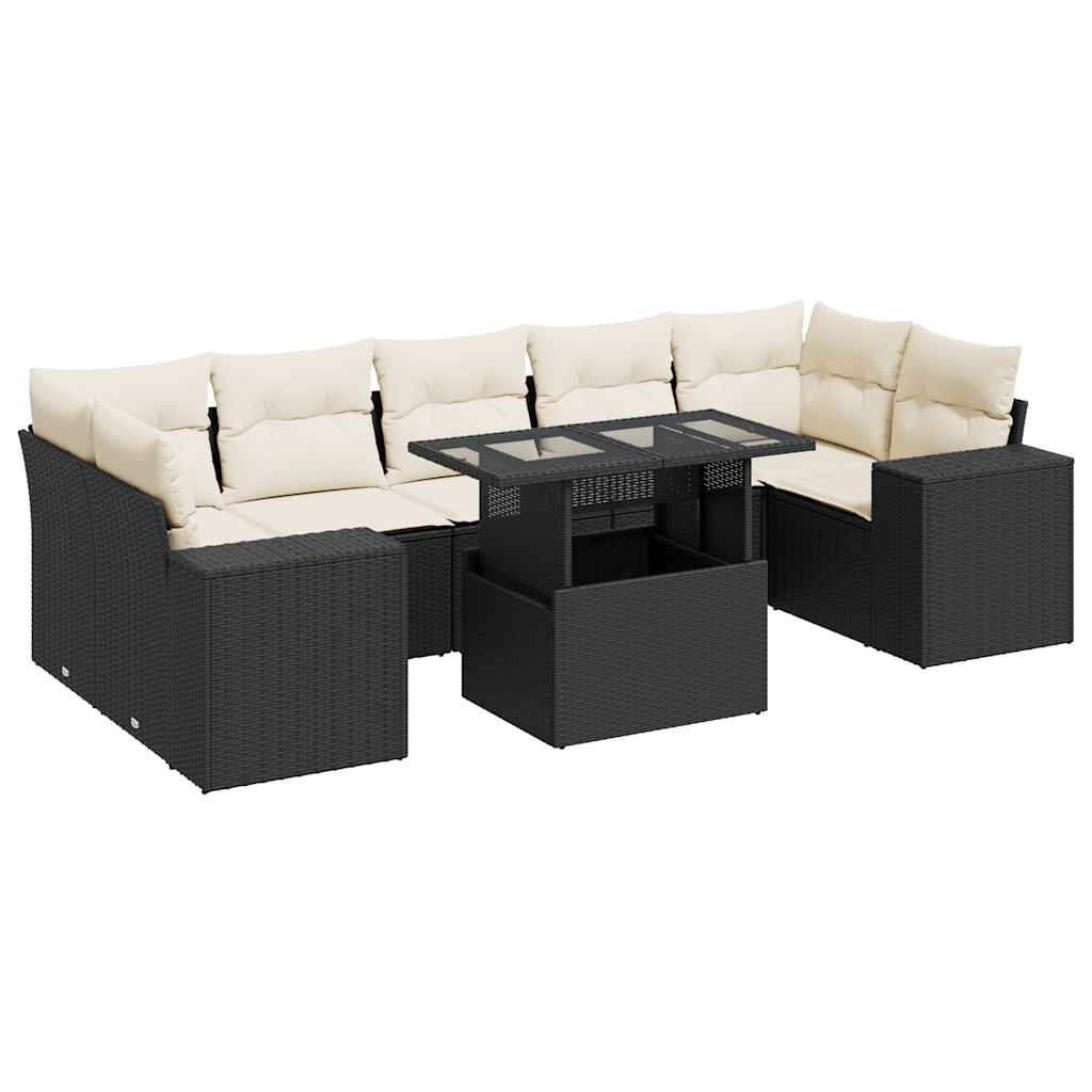 Set mobilier de grădină cu perne, 8 piese, negru, poliratan