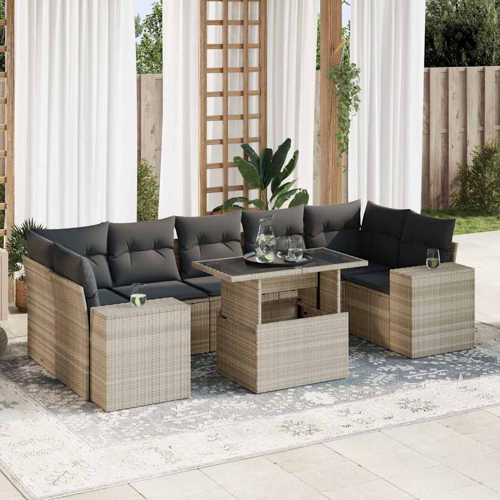 Set mobilier de grădină cu perne, 8 piese gri deschis poliratan