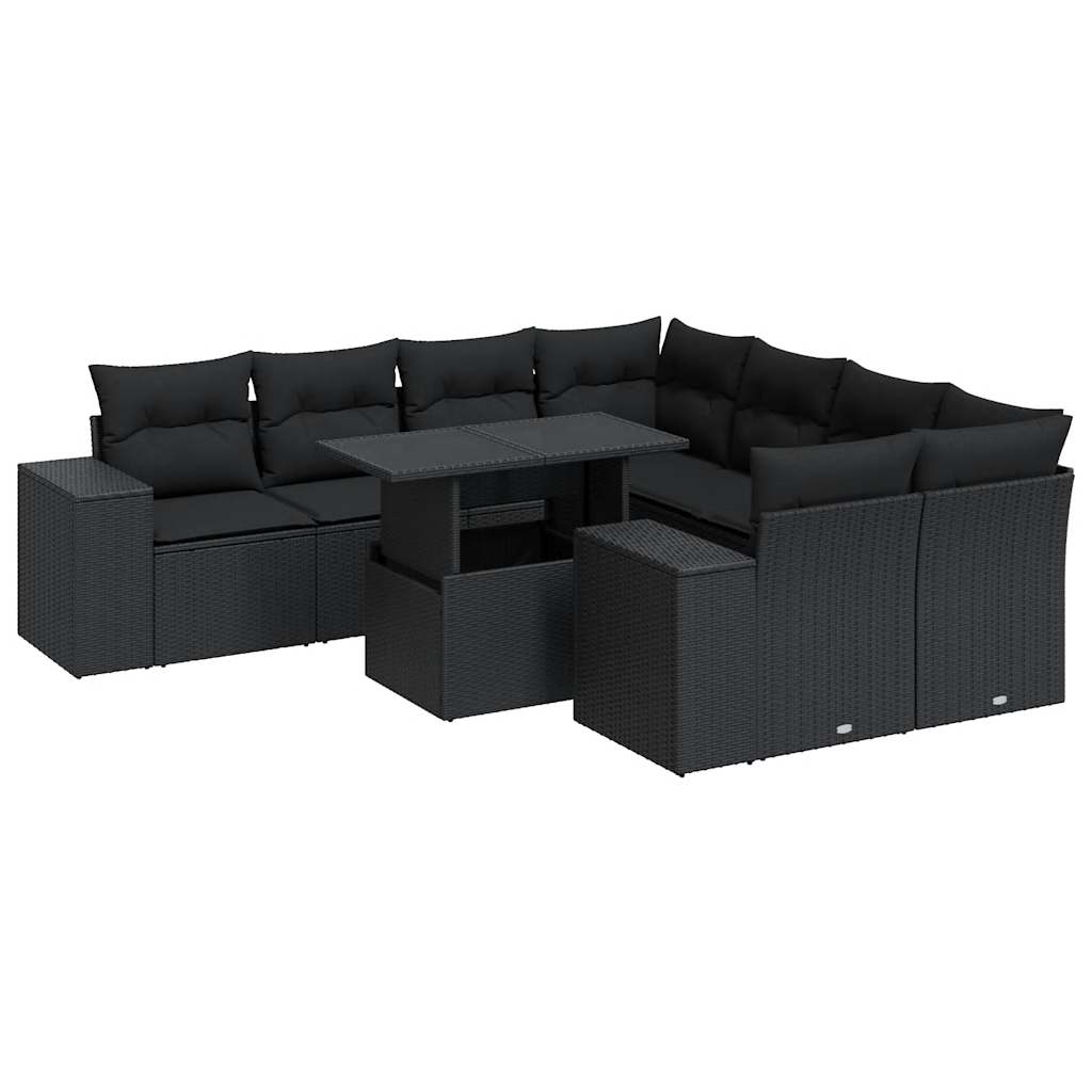 Set mobilier de grădină cu perne, 9 piese, negru, poliratan