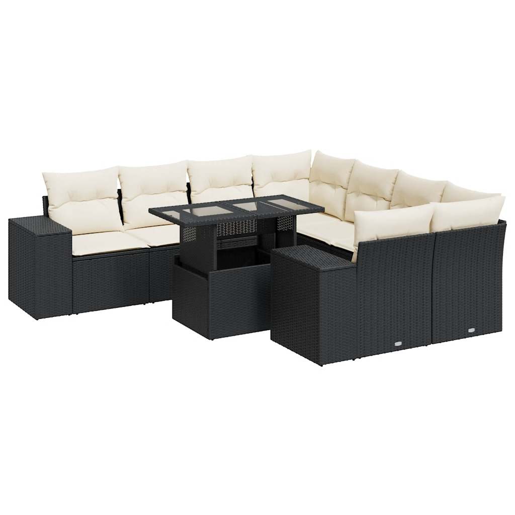 Set mobilier de grădină cu perne, 9 piese, negru, poliratan