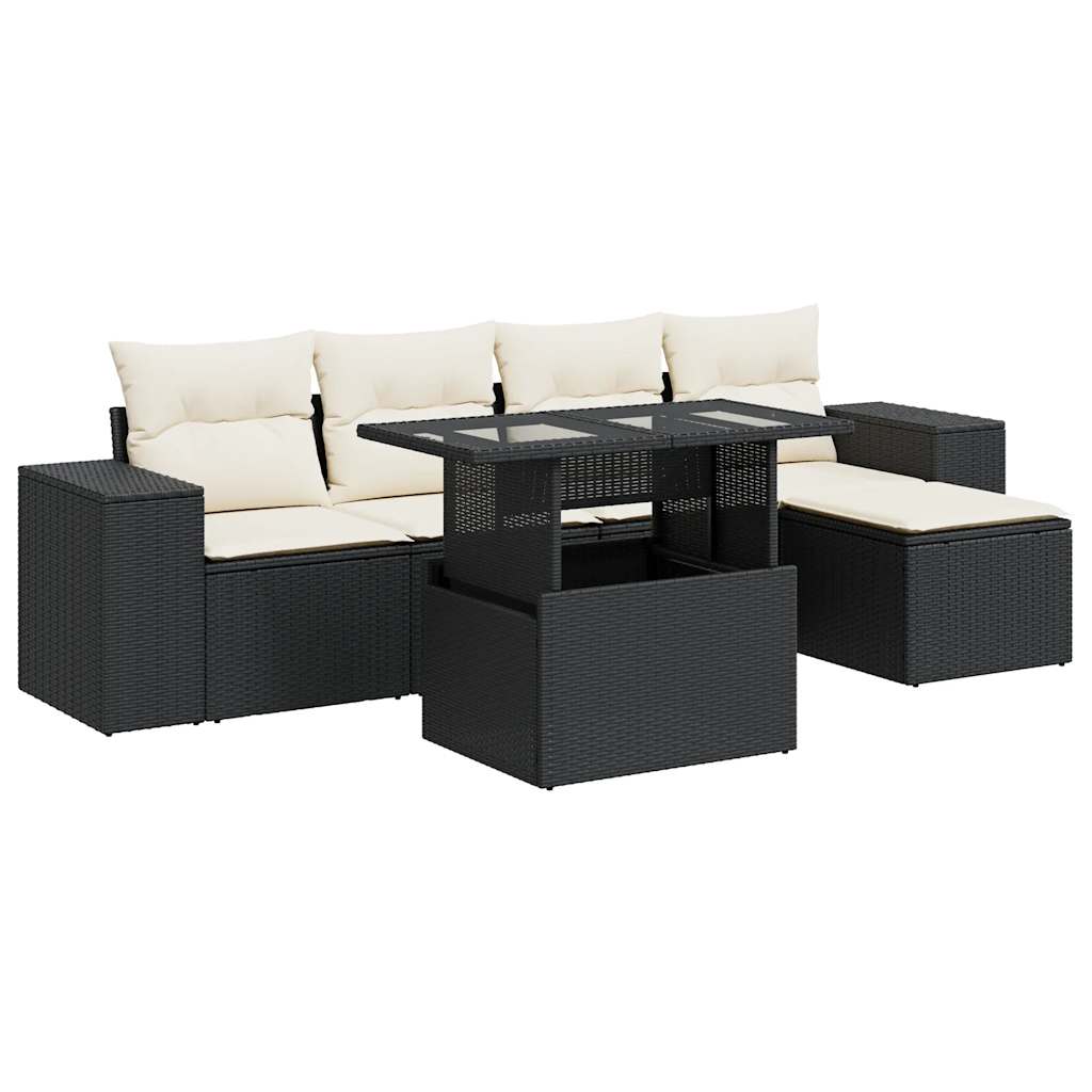 Set mobilier de grădină cu perne, 6 piese, negru, poliratan