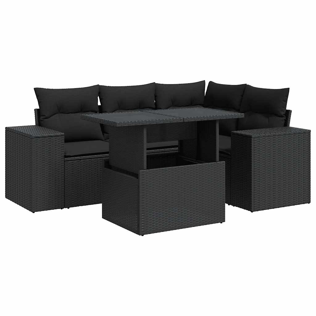 Set mobilier de grădină cu perne, 5 piese, negru, poliratan