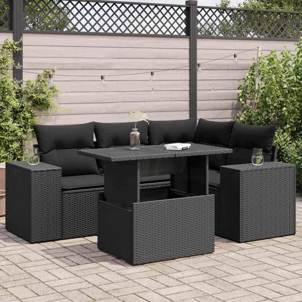 Set mobilier de grădină cu perne, 5 piese, negru, poliratan