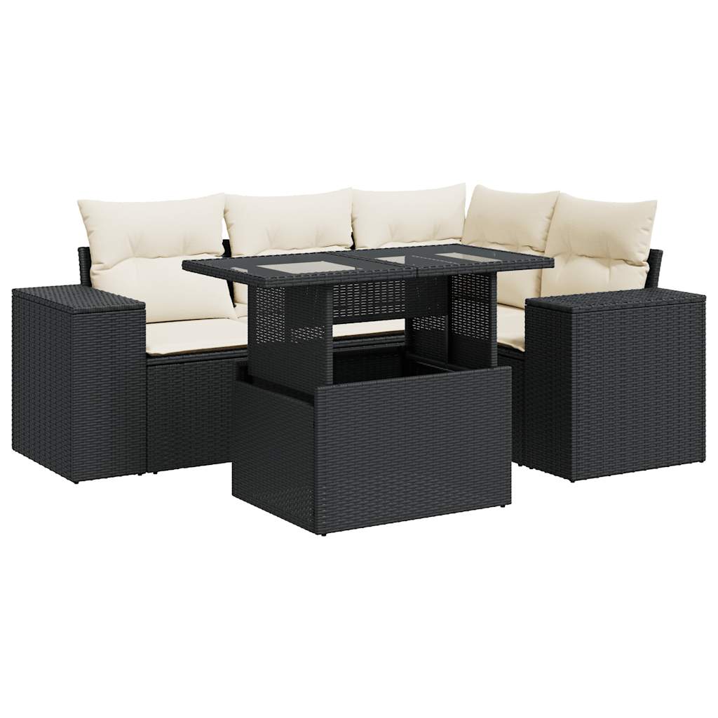 Set mobilier de grădină cu perne, 5 piese, negru, poliratan