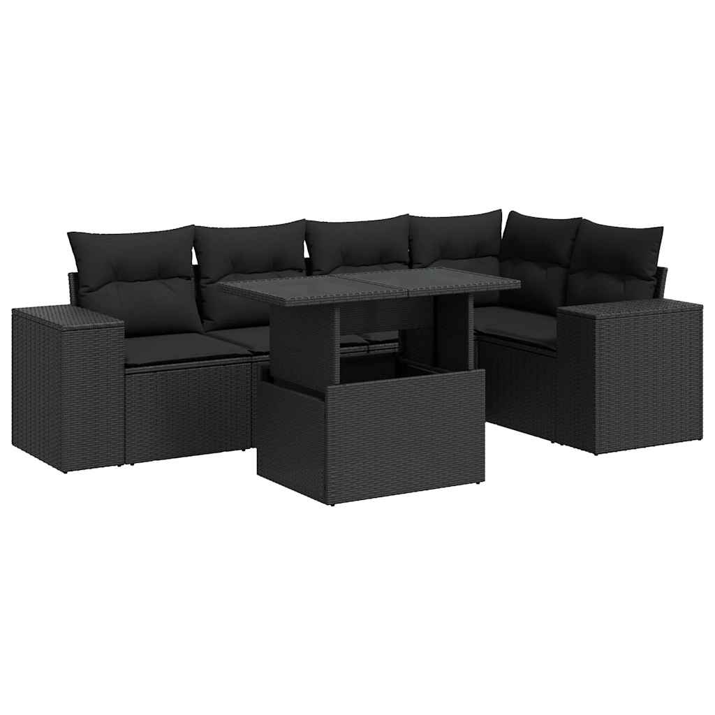 Set mobilier de grădină cu perne, 6 piese, negru, poliratan