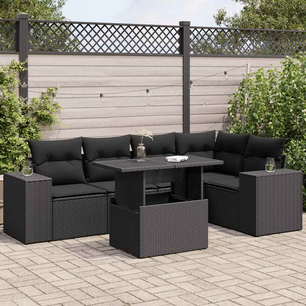 Set mobilier de grădină cu perne, 6 piese, negru, poliratan