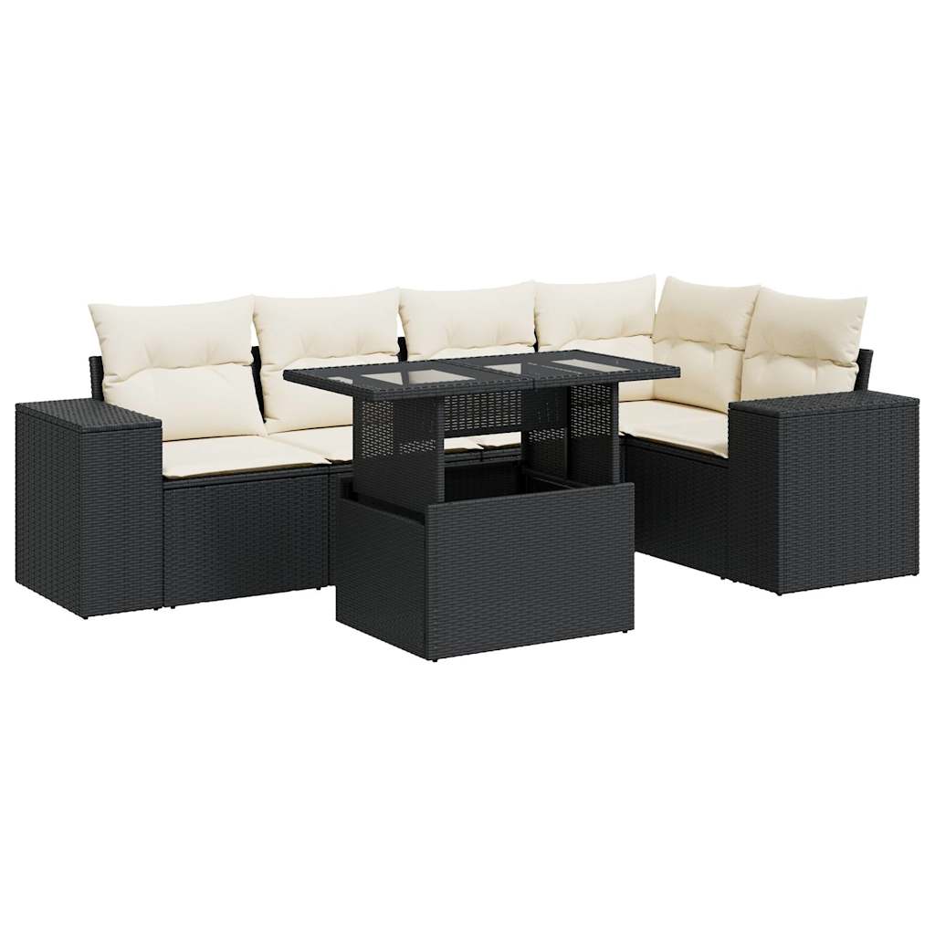 Set mobilier de grădină cu perne, 6 piese, negru, poliratan