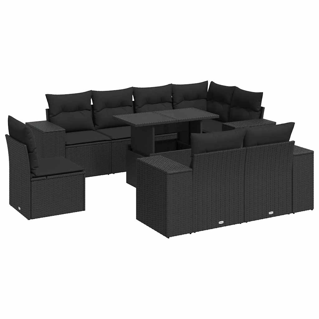 Set mobilier de grădină cu perne, 9 piese, negru, poliratan