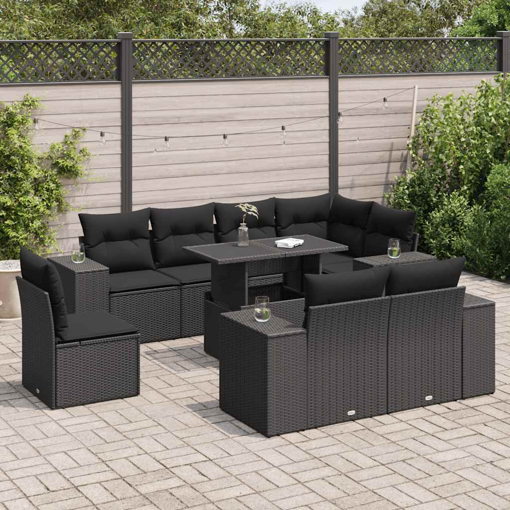 Set mobilier de grădină cu perne, 9 piese, negru, poliratan