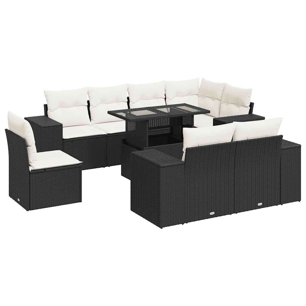 Set mobilier de grădină cu perne, 9 piese, negru, poliratan