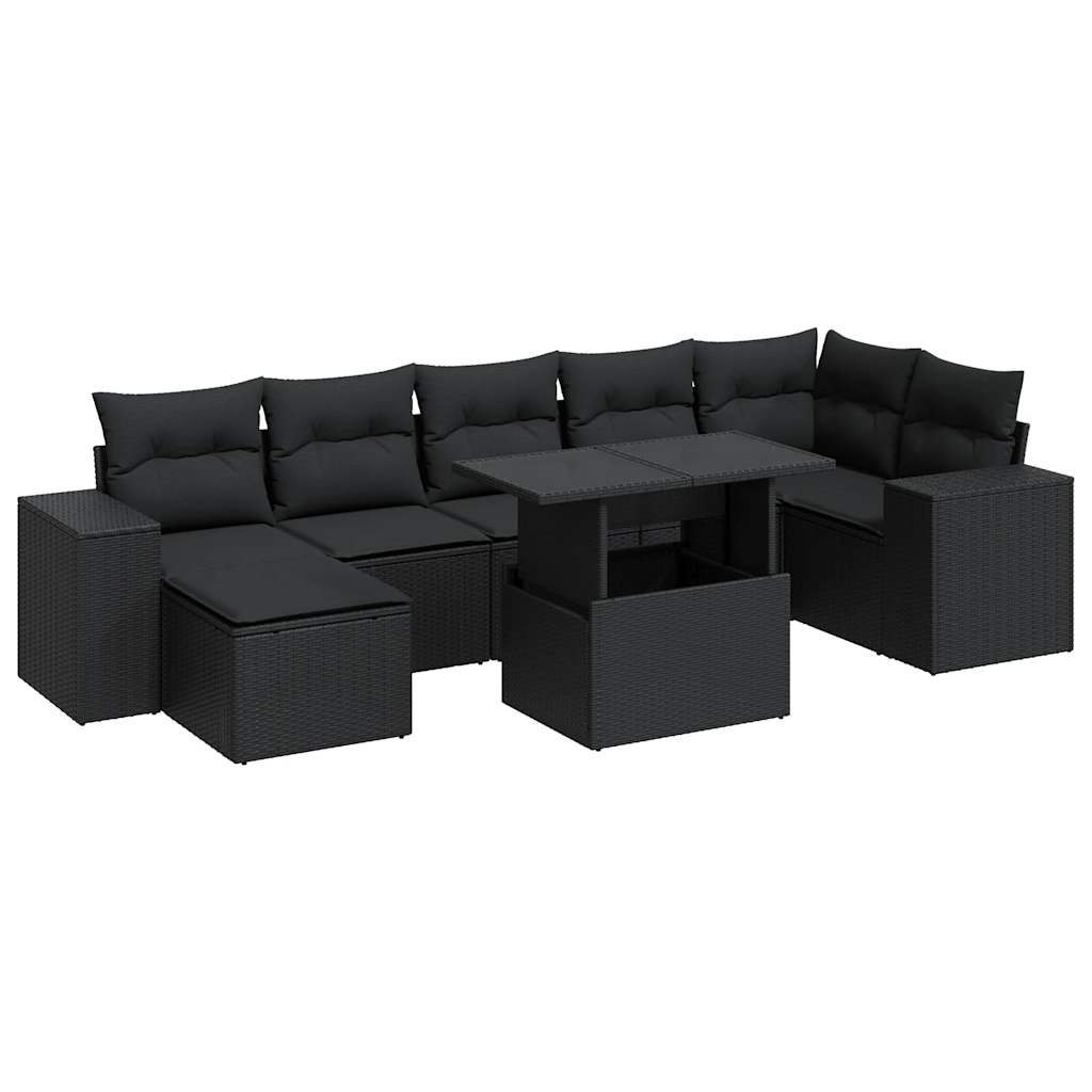 Set mobilier de grădină cu perne, 8 piese, negru, poliratan