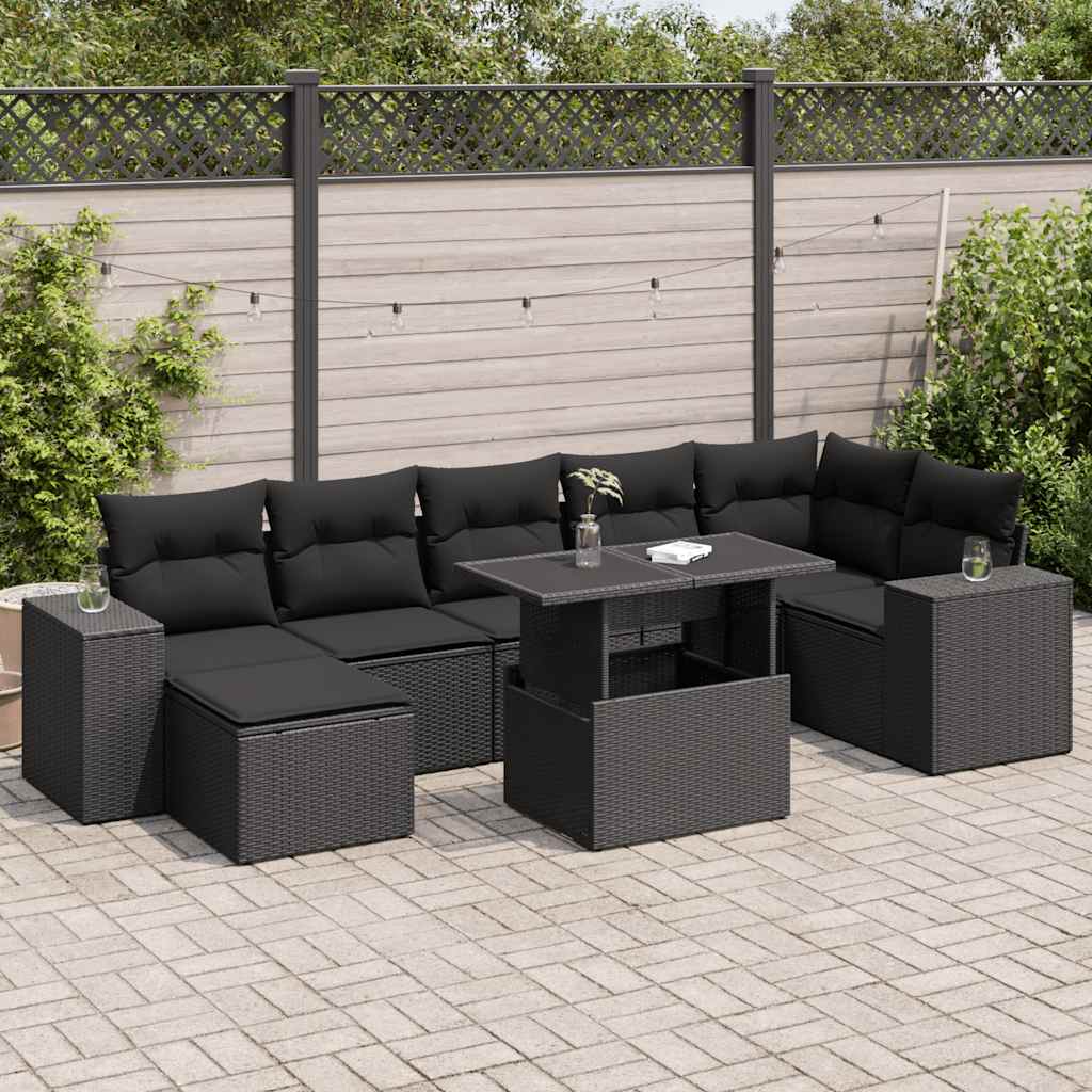 Set mobilier de grădină cu perne, 8 piese, negru, poliratan