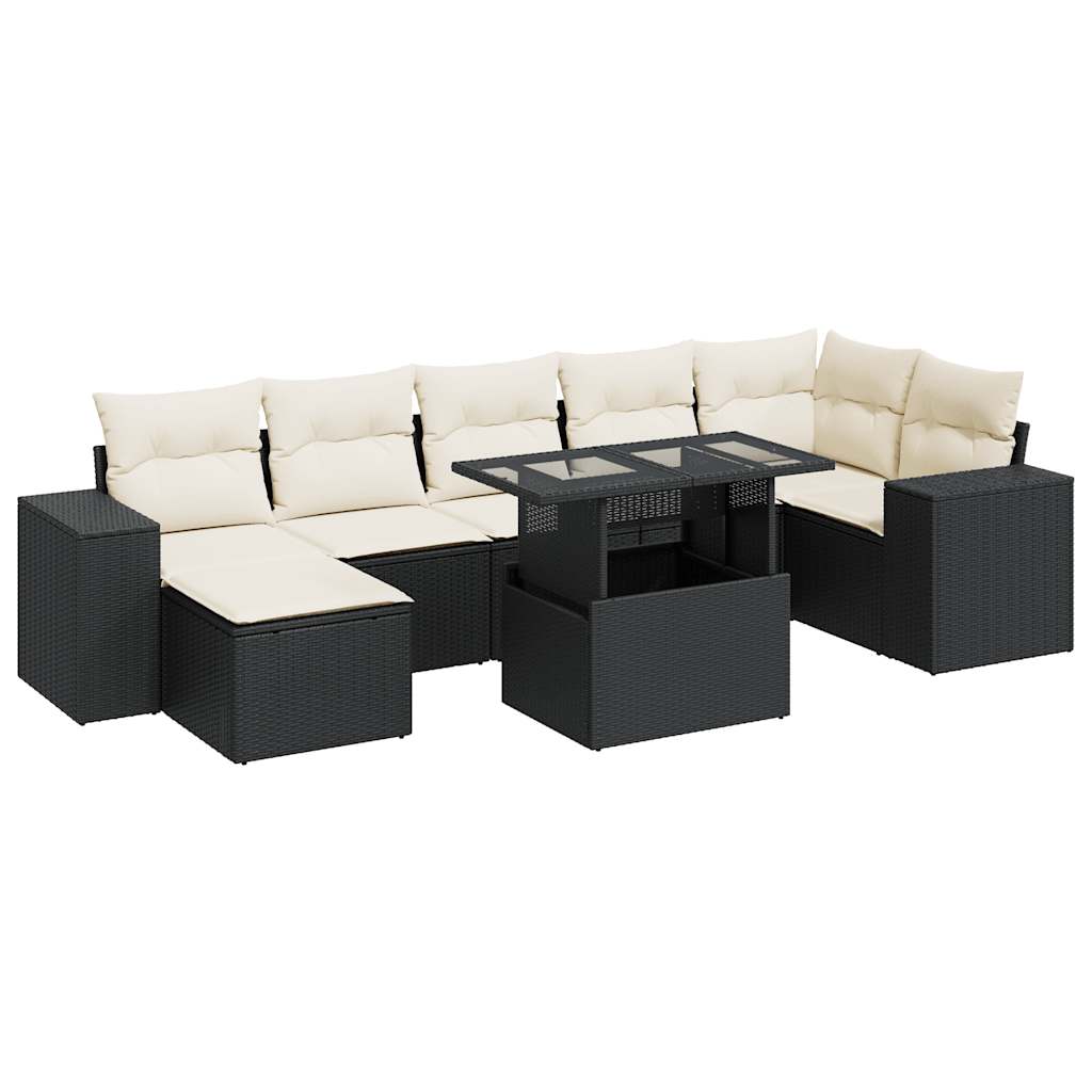 Set mobilier de grădină cu perne, 8 piese, negru, poliratan