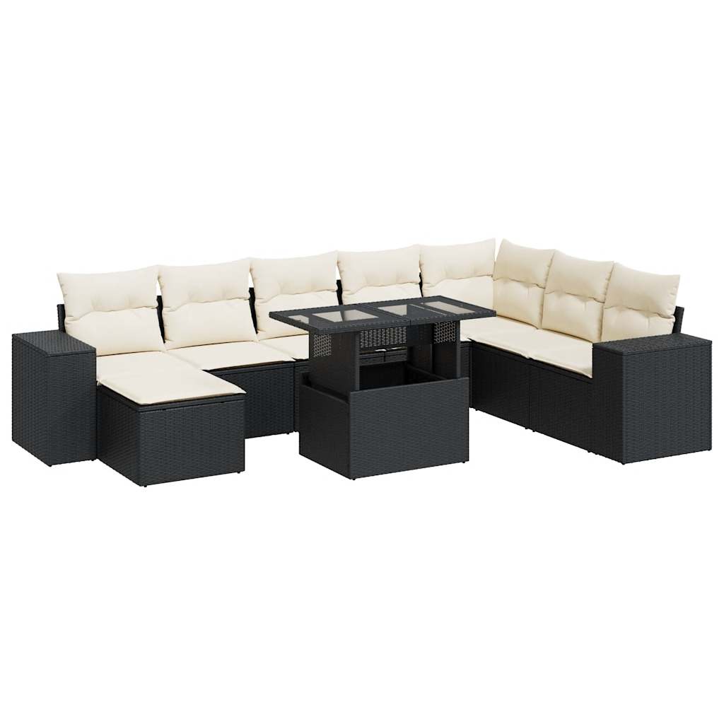 Set mobilier de grădină cu perne, 9 piese, negru, poliratan