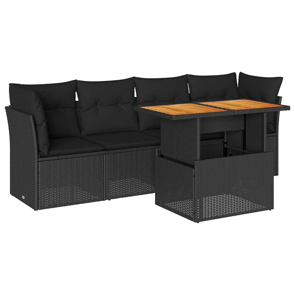 Set mobilier de grădină cu perne, 5 piese, negru, poliratan