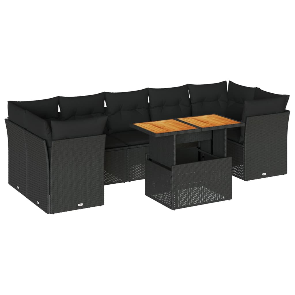 Set mobilier de grădină cu perne, 8 piese, negru, poliratan