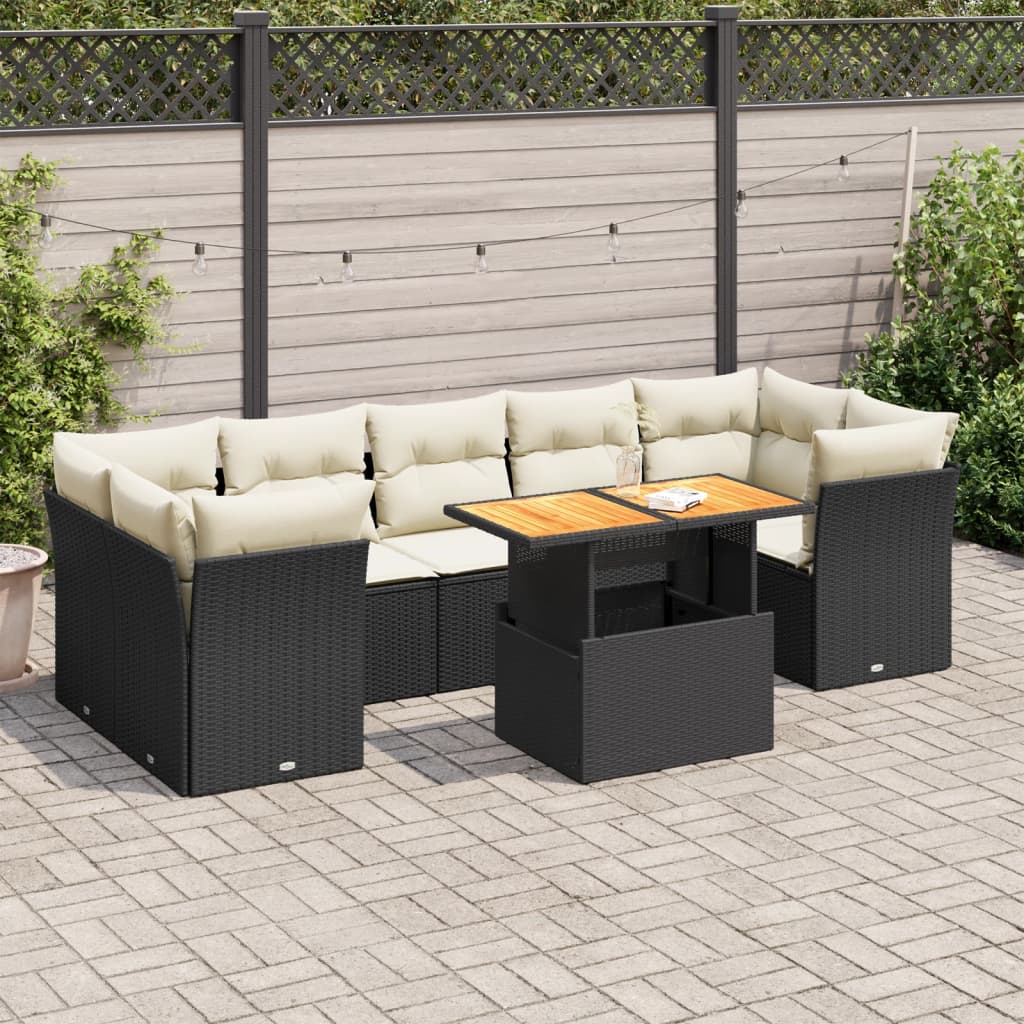 Set mobilier de grădină cu perne, 8 piese, negru, poliratan