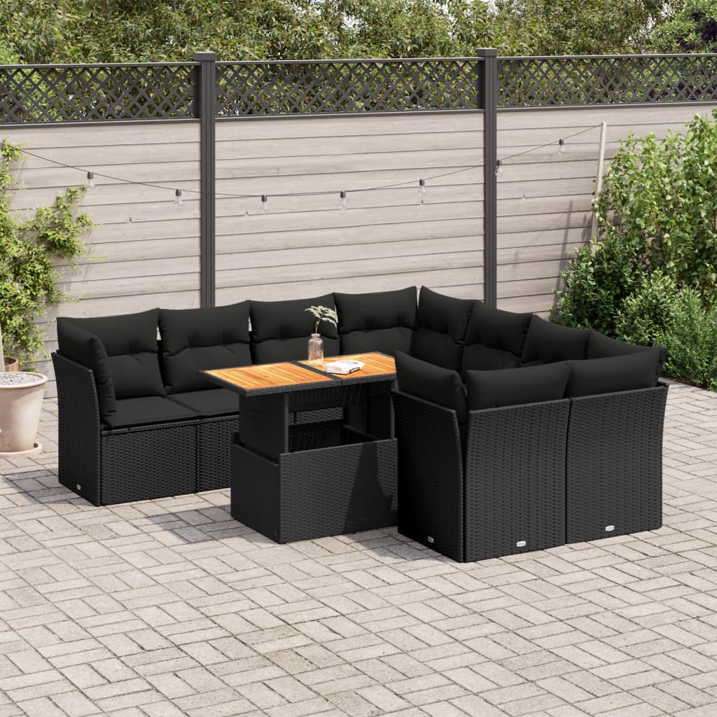 Set mobilier de grădină cu perne, 9 piese, negru, poliratan