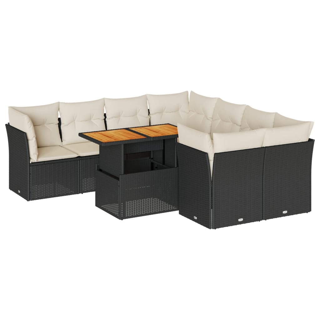 Set mobilier de grădină cu perne, 9 piese, negru, poliratan