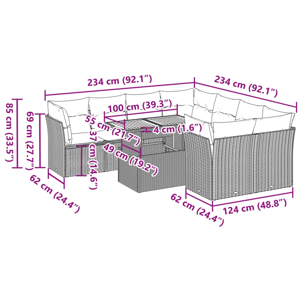 Set mobilier de grădină cu perne, 9 piese, negru, poliratan