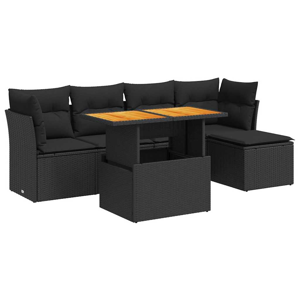 Set mobilier de grădină cu perne, 6 piese, negru, poliratan