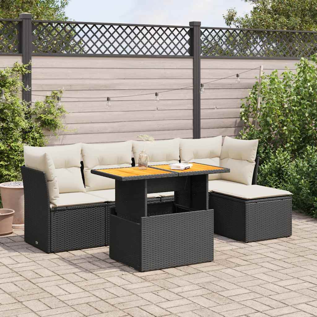 Set mobilier de grădină cu perne, 6 piese, negru, poliratan