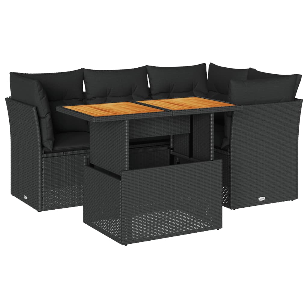 Set mobilier de grădină cu perne, 5 piese, negru, poliratan