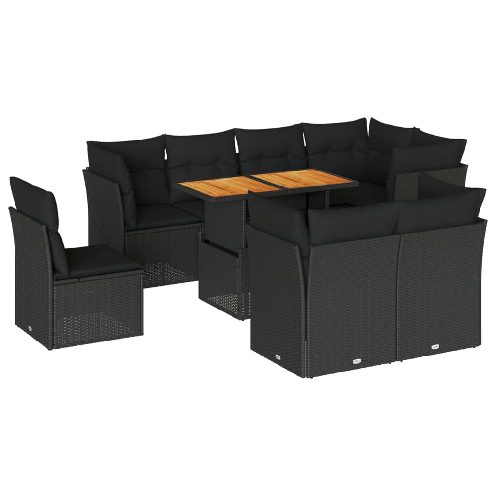 Set mobilier de grădină cu perne, 9 piese, negru, poliratan