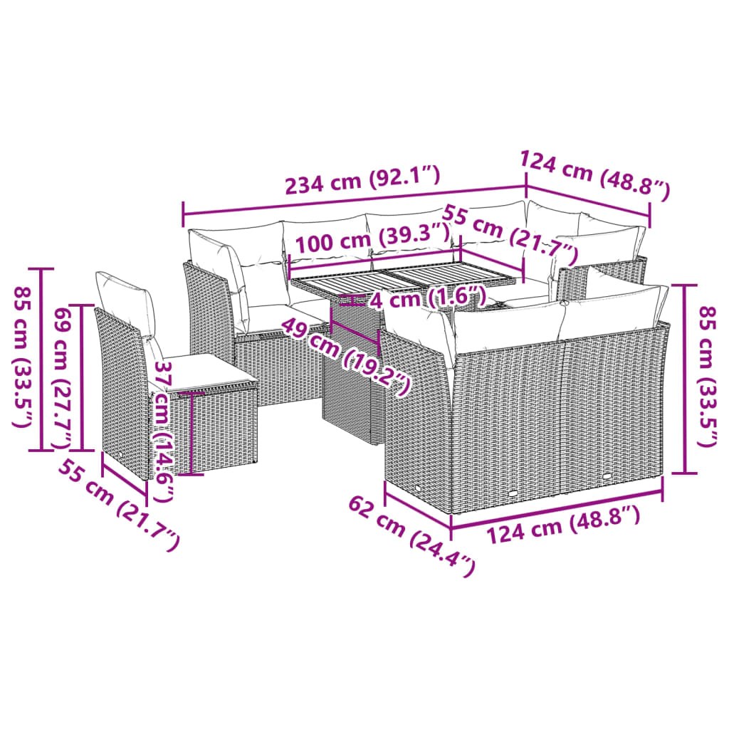 Set mobilier de grădină cu perne, 9 piese, negru, poliratan