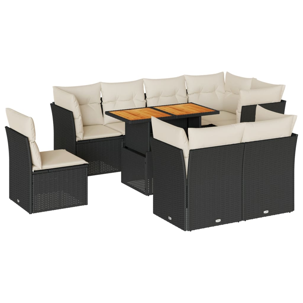 Set mobilier de grădină cu perne, 9 piese, negru, poliratan