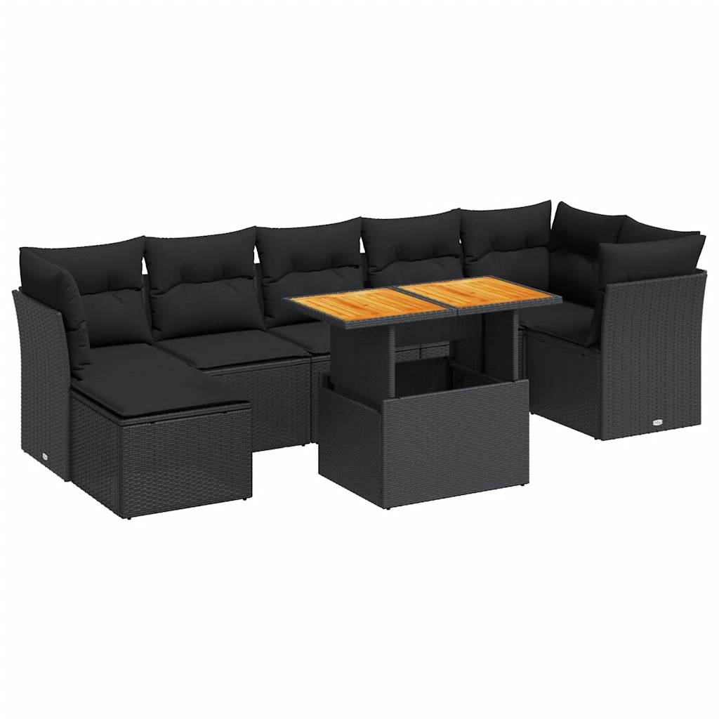 Set mobilier de grădină cu perne, 8 piese, negru, poliratan