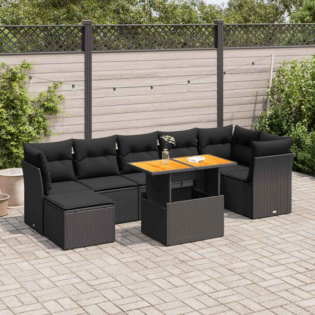 Set mobilier de grădină cu perne, 8 piese, negru, poliratan