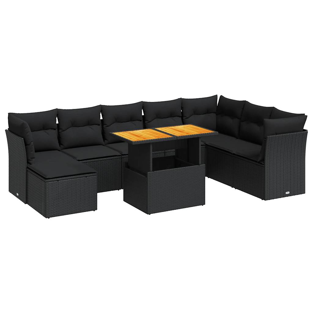 Set mobilier de grădină cu perne, 9 piese, negru, poliratan