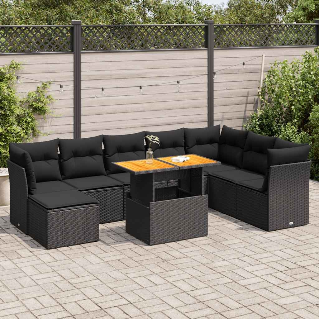 Set mobilier de grădină cu perne, 9 piese, negru, poliratan