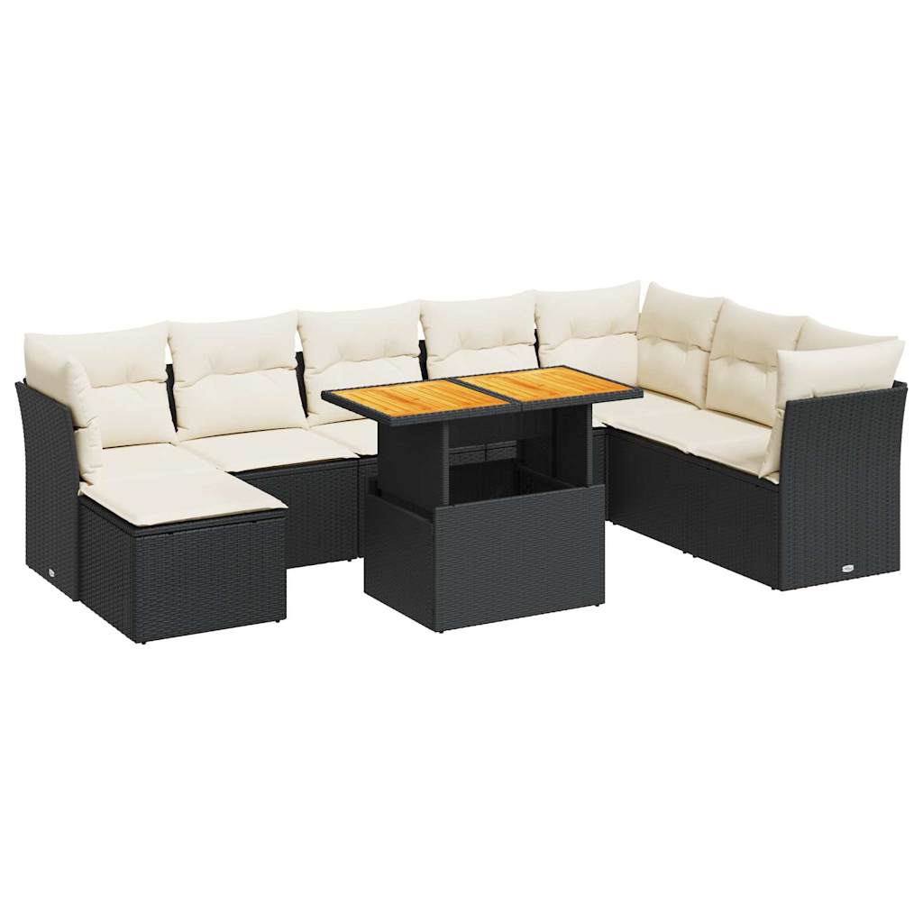 Set mobilier de grădină cu perne, 9 piese, negru, poliratan