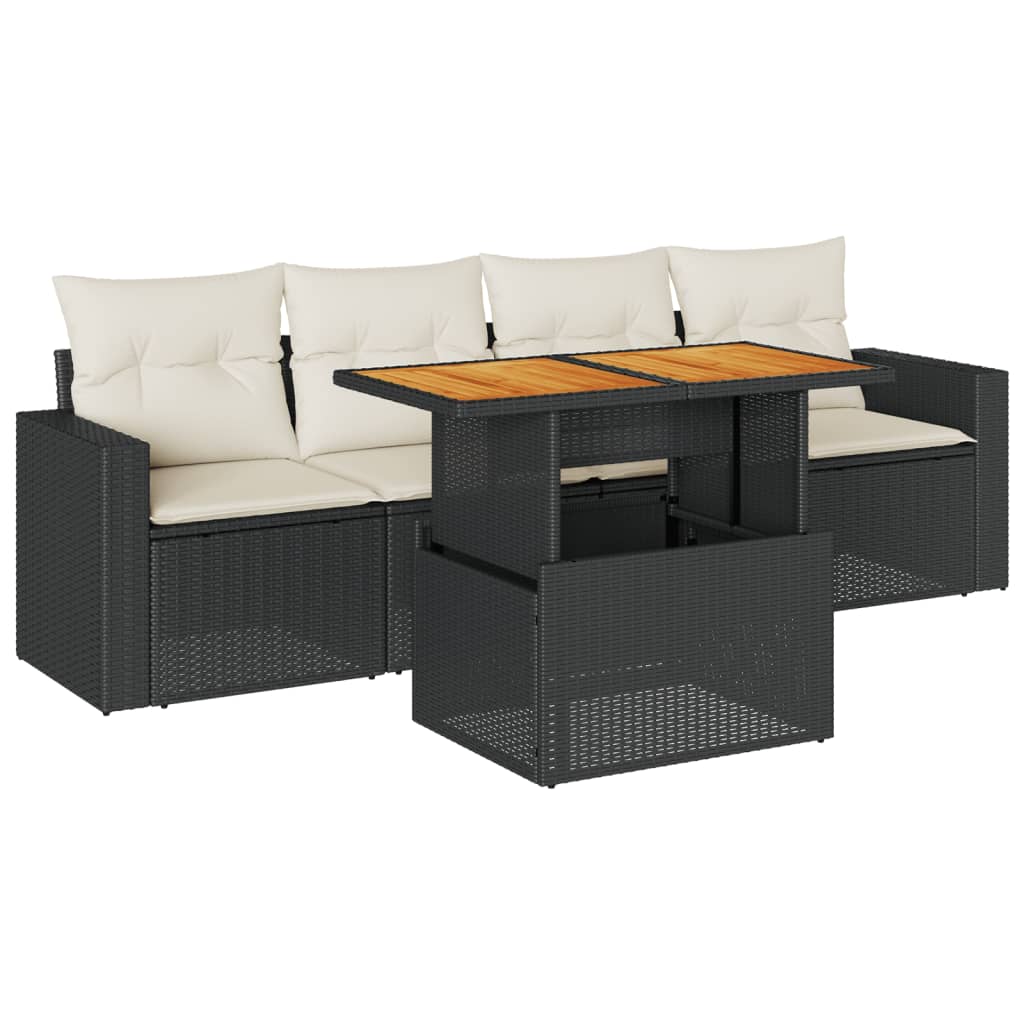 Set mobilier de grădină cu perne, 5 piese, negru, poliratan