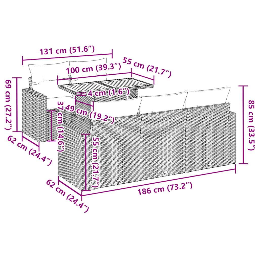 Set mobilier grădină cu perne, 6 piese, gri, poliratan