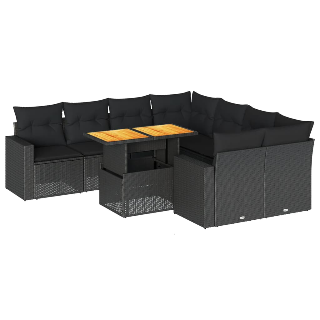 Set mobilier de grădină cu perne, 9 piese, negru, poliratan