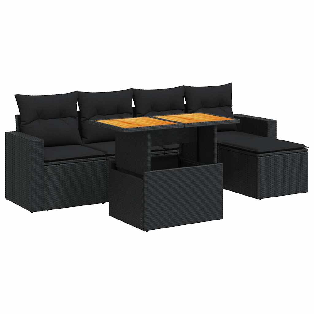 Set mobilier de grădină cu perne, 6 piese, negru, poliratan