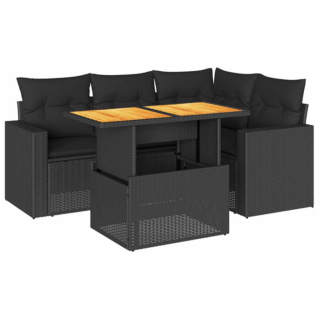 Set mobilier de grădină cu perne, 5 piese, negru, poliratan