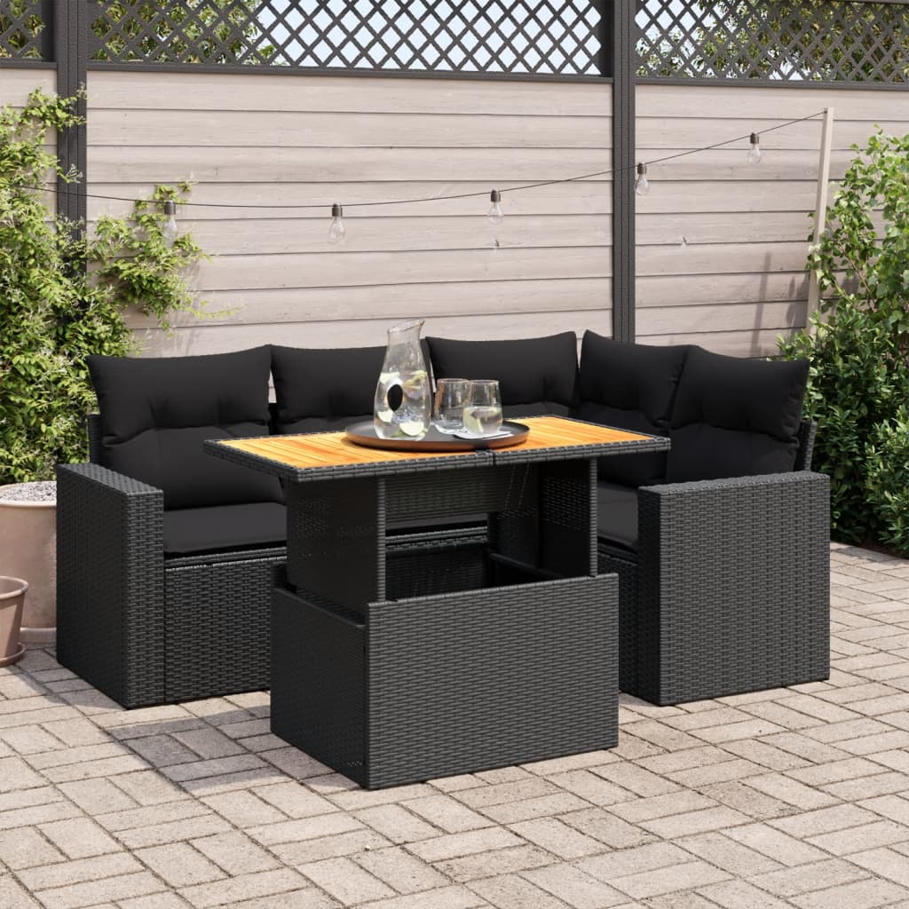 Set mobilier de grădină cu perne, 5 piese, negru, poliratan