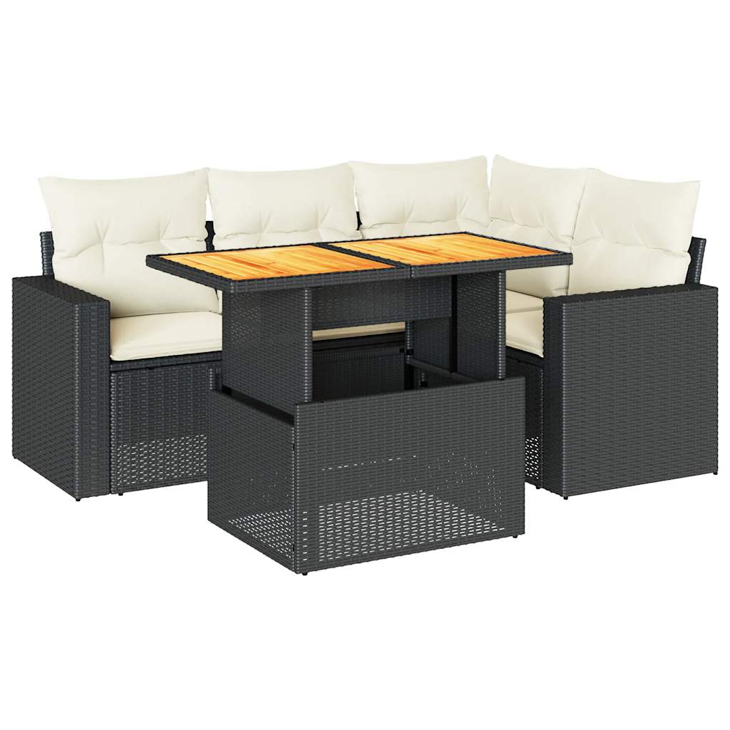 Set mobilier de grădină cu perne, 5 piese, negru, poliratan