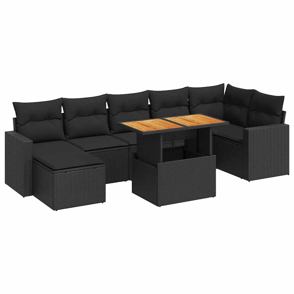 Set mobilier de grădină cu perne, 8 piese, negru, poliratan